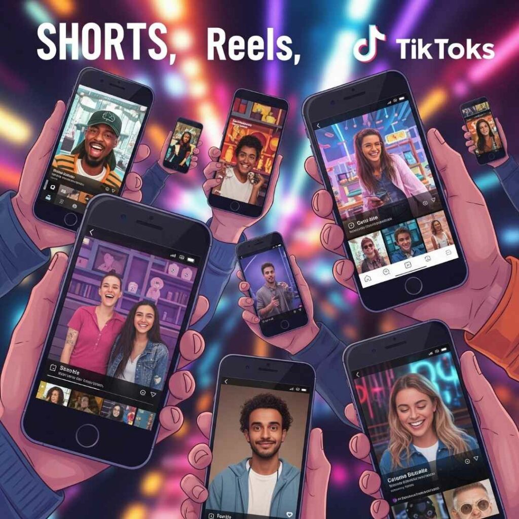 Smartphones affichant des vidéos courtes (Shorts, Reels, TikToks), illustrant la tendance des contenus engageants sur mobile.