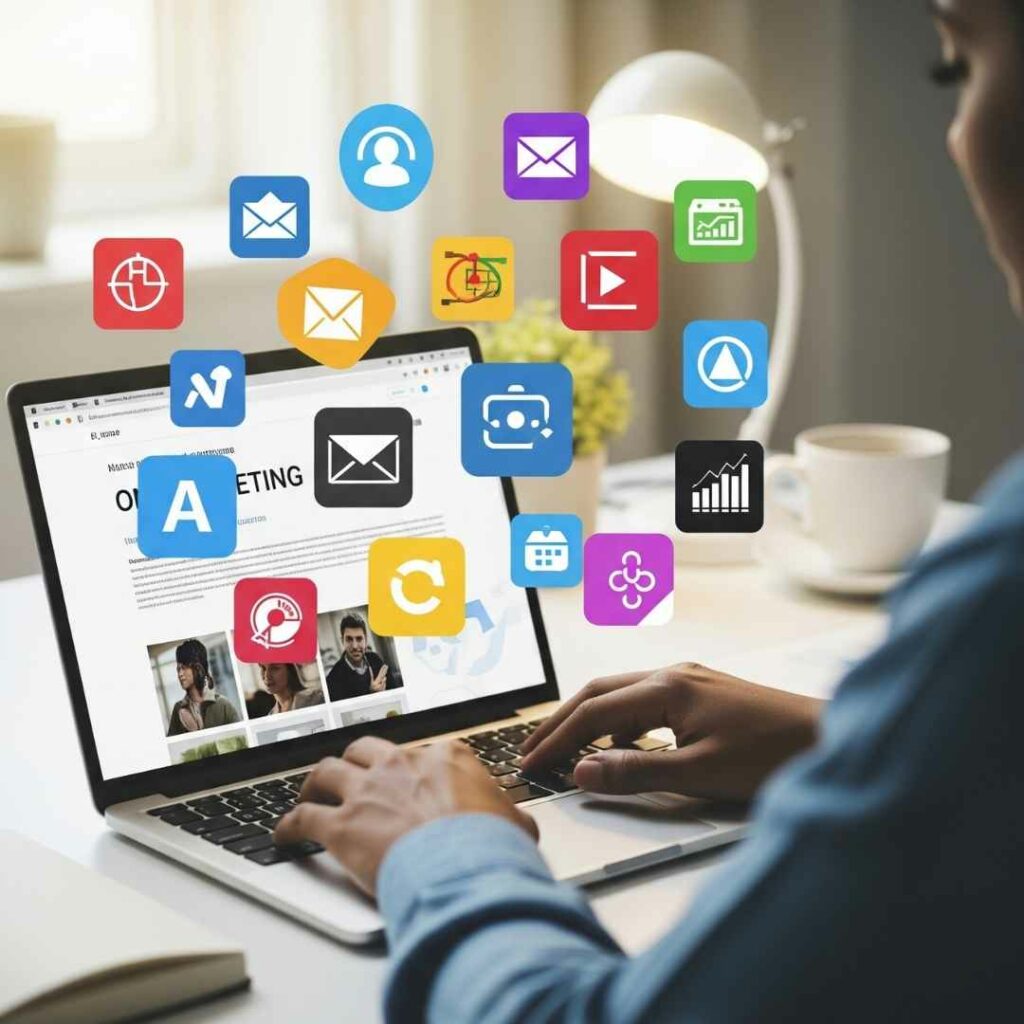 Une personne vue de dos travaillant sur un ordinateur portable, avec des icônes colorées d'applications de business, marketing, et création de contenu flottant au-dessus du clavier et de l'écran.