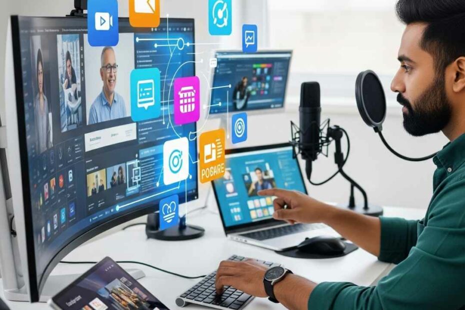 Un entrepreneur concentré dans un espace de travail moderne, utilisant plusieurs écrans et un microphone pour la création de contenu vidéo, le design graphique et la gestion de son business en ligne, avec des icônes d'applications flottantes.