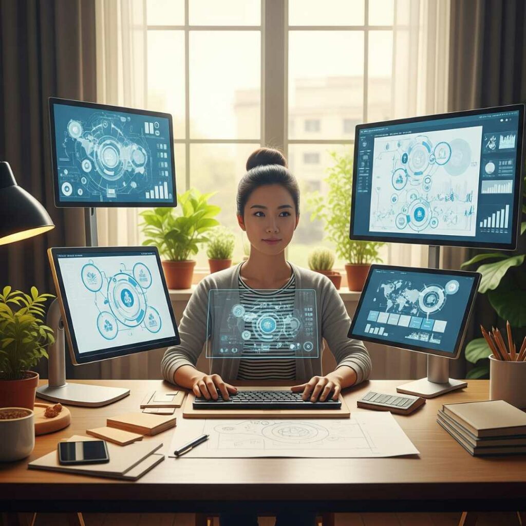 Personne en état de flow, bureau organisé avec outils numériques et éléments naturels, illustration de la productivité consciente.