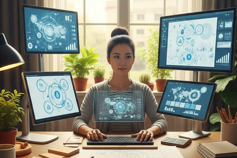 Personne en état de flow, bureau organisé avec outils numériques et éléments naturels, illustration de la productivité consciente.