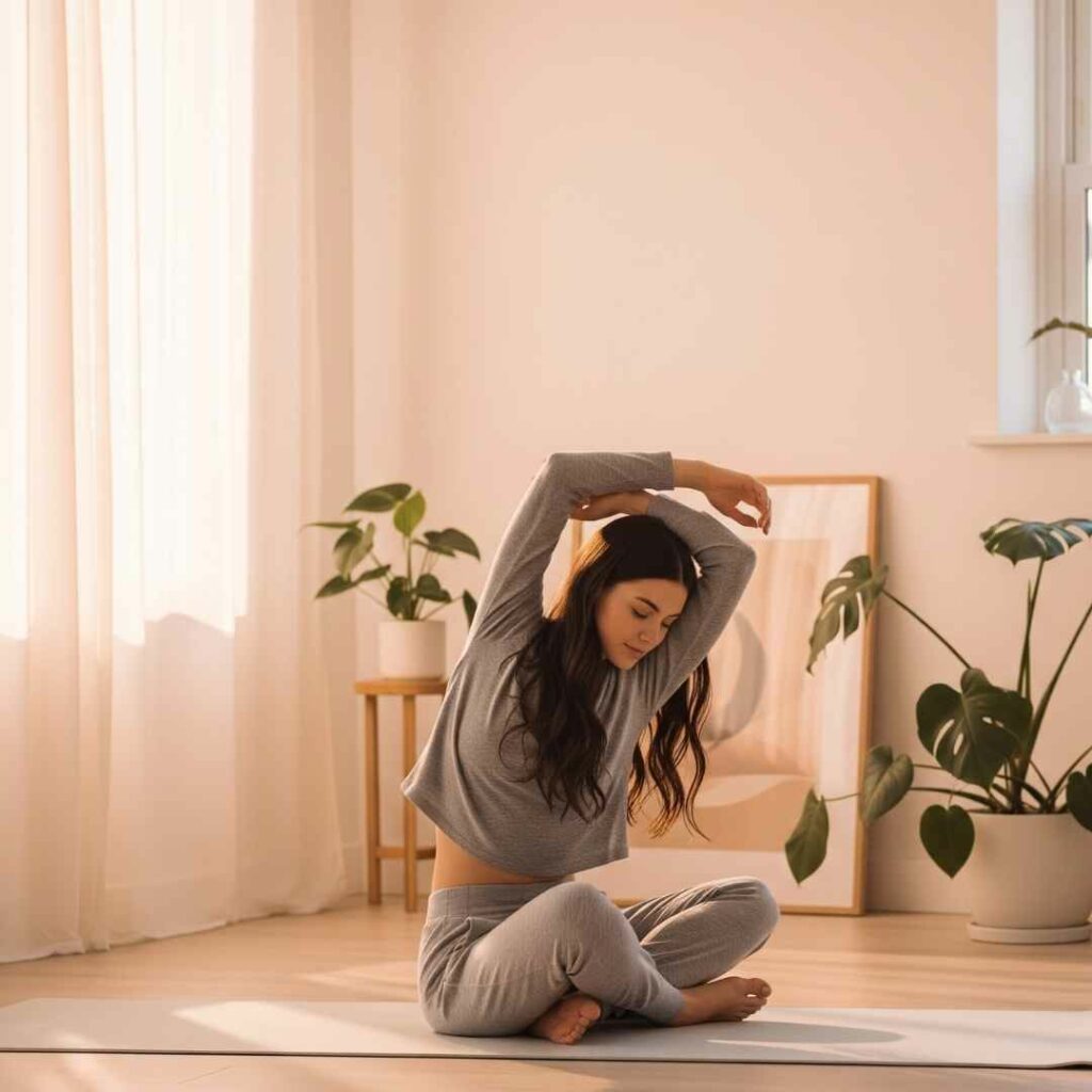 L'intégration de moments de calme et d'activités physiques douces, comme les étirements ou la méditation, est essentielle pour recharger les batteries. Cette image illustre l'importance de la routine pour la santé mentale et physique, offrant l'énergie nécessaire pour affronter les défis de l'auto-entrepreneuriat.
