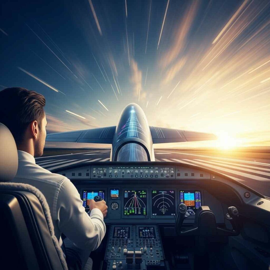Un entrepreneur confiant dans le cockpit d'un avion symbolique, en plein décollage, représentant la focalisation sur la croissance de l'entreprise.