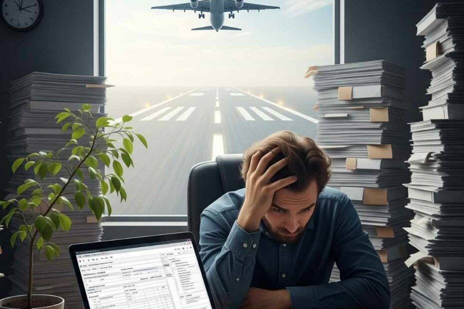 Un entrepreneur stressé, entouré de piles de documents, avec un avion qui décolle par la fenêtre, symbolisant l'importance de se concentrer sur la croissance plutôt que sur la paperasse.