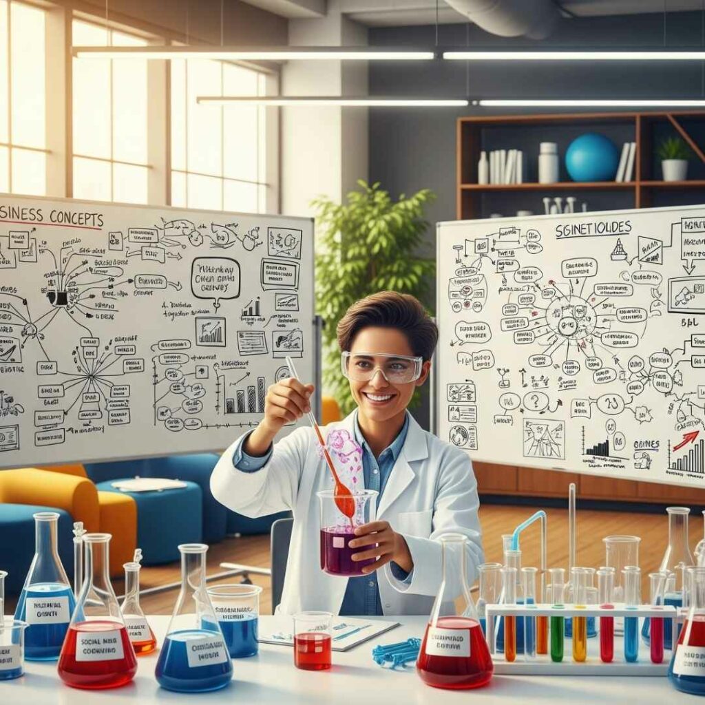 Un entrepreneur souriant dans un laboratoire créatif, mélangeant des concepts de business dans un bécher, pour illustrer l'expérimentation et l'innovation.