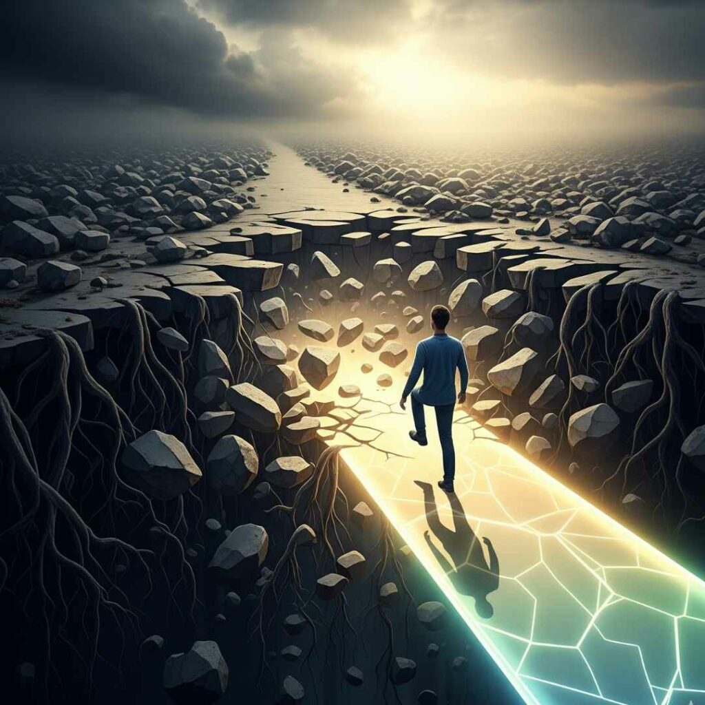 Un homme marche seul sur un chemin lumineux et futuriste, fait de lignes entrelacées, qui traverse une crevasse profonde et rocheuse. Le paysage autour de lui est aride et sombre, couvert de pierres et de racines visibles, suggérant une période difficile et la rupture avec le passé. Au loin, une lumière éclatante perce un ciel nuageux, symbolisant l'espoir et les nouvelles opportunités après avoir surmonté les épreuves. Le chemin éclairé représente les leçons tirées qui guident vers un avenir meilleur.