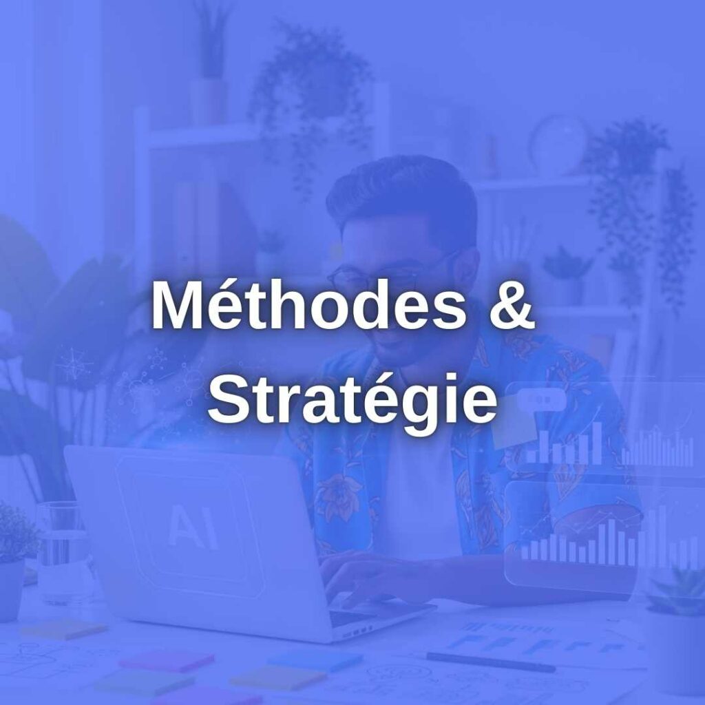 Vignette pour la catégories Méthodes & Stratégie. Représente un entrepreneur heureux utilisant l'AI en image de fond avec comme couleur dominante le violet légèrement transparent et le texte de la catégorie centré dans l'image : Méthodes & Stratégie