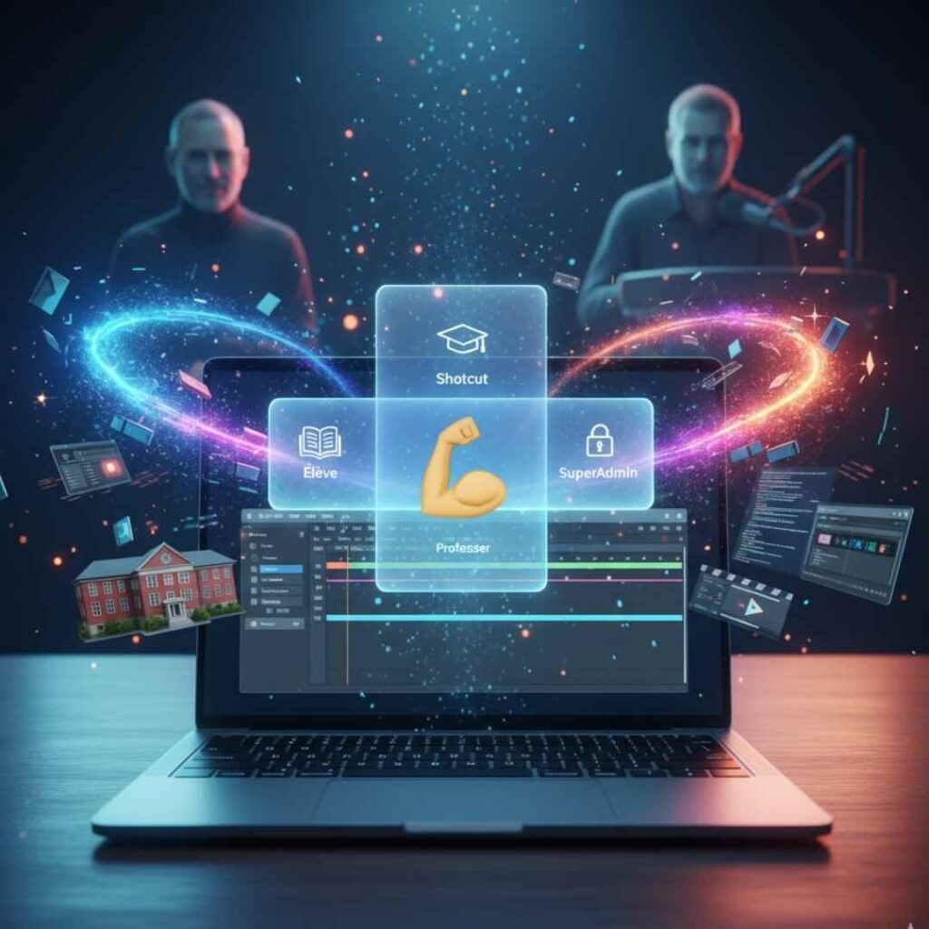 Illustration du parcours entrepreneurial de Julien pour CreaFlux, montrant un ordinateur portable avec l'interface d'une plateforme d'apprentissage, entouré d'icônes représentant le montage vidéo (Shotcut), l'IA (emoji biceps), et les rôles (élève, professeur, super admin). En arrière-plan, les silhouettes floues de Steve Jobs et Joe Rogan symbolisent l'inspiration technologique et la transformation des idées en solutions éducatives.