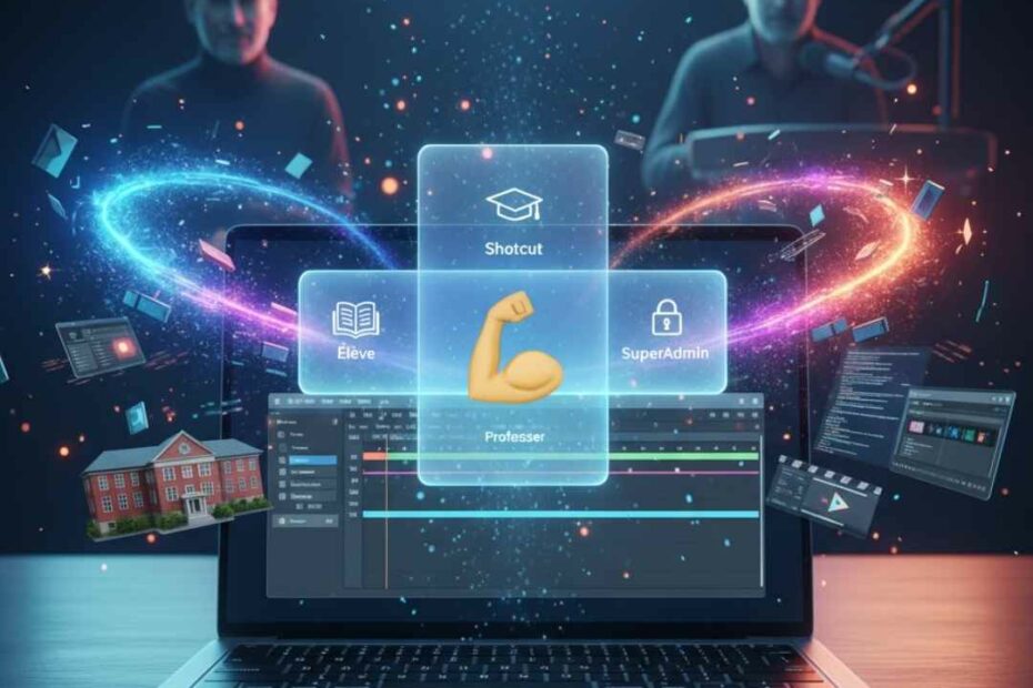 Illustration du parcours entrepreneurial de Julien pour CreaFlux, montrant un ordinateur portable avec l'interface d'une plateforme d'apprentissage, entouré d'icônes représentant le montage vidéo (Shotcut), l'IA (emoji biceps), et les rôles (élève, professeur, super admin). En arrière-plan, les silhouettes floues de Steve Jobs et Joe Rogan symbolisent l'inspiration technologique et la transformation des idées en solutions éducatives.