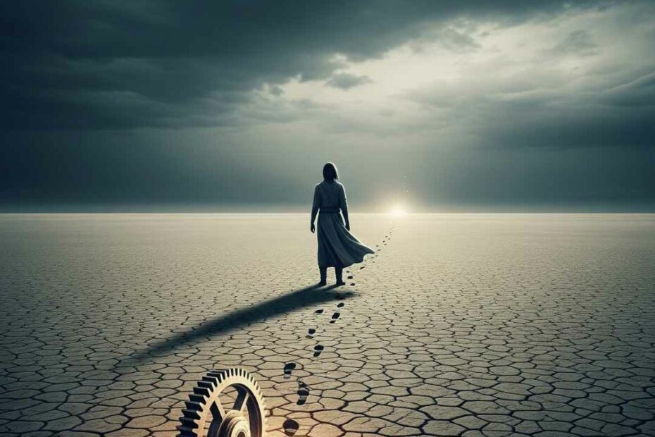 Une image métaphorique. Une silhouette solitaire se tient de dos, sur un vaste désert craquelé, sous un ciel sombre. Au premier plan, un engrenage éteint et lumineux repose au sol. La silhouette regarde vers l'avant, où une série de petites empreintes de pas s'éloignent vers un point de lumière à l'horizon. L'image symbolise un entrepreneur qui avance malgré la démotivation, laissant derrière lui son moteur au repos, mais avec un objectif lumineux en ligne de mire.