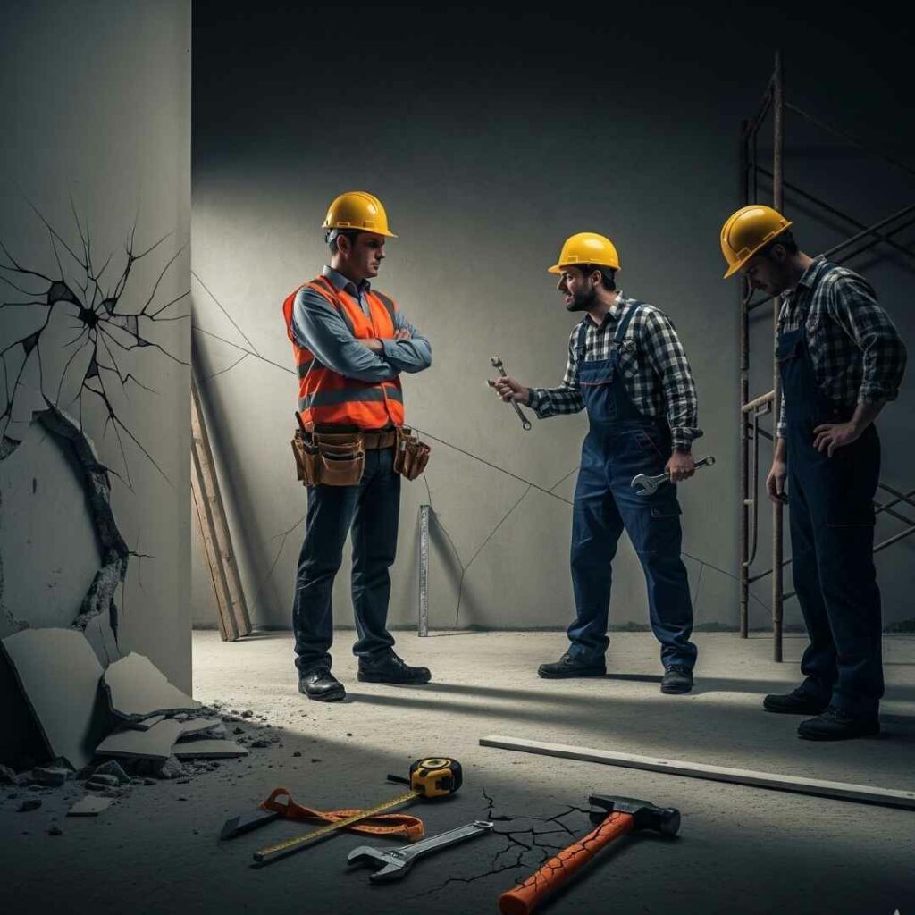 Image allégorique d'un conflit sur un chantier de construction. Au premier plan, un contremaître aux bras croisés et au visage fermé fait face à deux autres ouvriers, l'un gesticulant avec une clé à molette, l'autre regardant le sol avec lassitude. Des outils cassés comme un ruban à mesurer brisé et un marteau au manche fendu se trouvent entre eux, symbolisant le dysfonctionnement. Le mur derrière les personnages est fissuré, évoquant les tensions et le manque de communication. L'éclairage dramatique accentue les ombres, renforçant l'impression de confrontation et de désaccord.