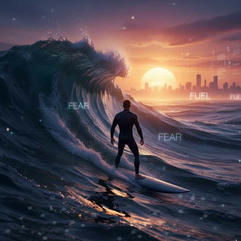 Un surfeur en combinaison sombre se tient debout sur sa planche face à une immense vague déferlante au lever ou coucher du soleil, avec la silhouette d'une ville moderne à l'horizon. Les mots 'FEAR' (Peur) sont incrustés dans l'eau de la vague, et 'FUEL' (Carburant) apparaît dans le ciel, symbolisant la transformation de la peur en énergie. Des éléments d'interface utilisateur futuriste et des lignes de connexion soulignent l'aspect numérique et l'expansion. L'image capture l'émotion de l'appréhension face à un défi, transformée en opportunité de croissance personnelle.
