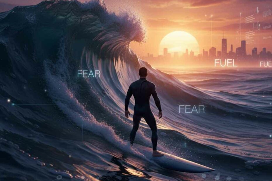 Un surfeur en combinaison sombre se tient debout sur sa planche face à une immense vague déferlante au lever ou coucher du soleil, avec la silhouette d'une ville moderne à l'horizon. Les mots 'FEAR' (Peur) sont incrustés dans l'eau de la vague, et 'FUEL' (Carburant) apparaît dans le ciel, symbolisant la transformation de la peur en énergie. Des éléments d'interface utilisateur futuriste et des lignes de connexion soulignent l'aspect numérique et l'expansion. L'image capture l'émotion de l'appréhension face à un défi, transformée en opportunité de croissance personnelle.