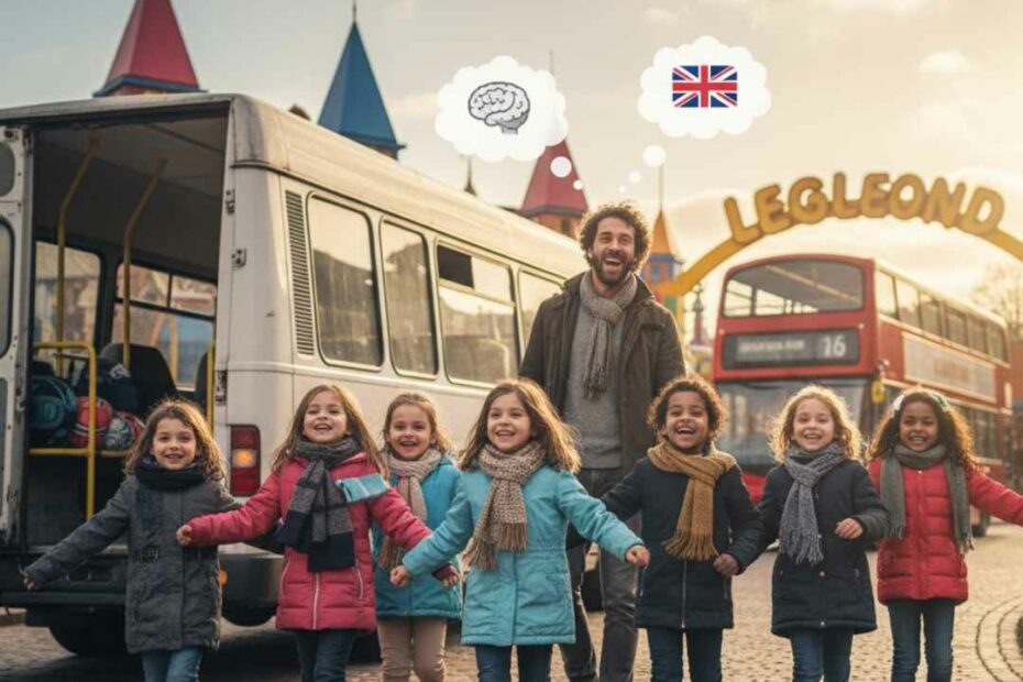 Illustration colorée d'un bus rouge de Londres avec des enfants, évoquant l'aventure, la confiance en soi et l'énergie de la méditation.