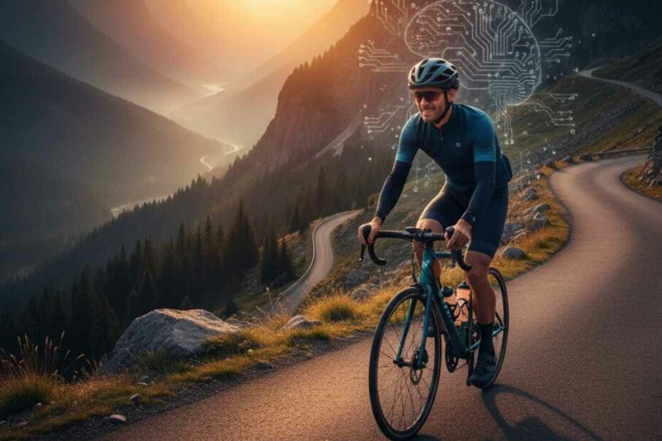 Cycliste seul en pleine ascension d'un col de montagne (Joux Plane) au lever du soleil. Représentation du dépassement mental et de l'ancrage dans le moment présent pour affronter les challenges du sport et de la vie.