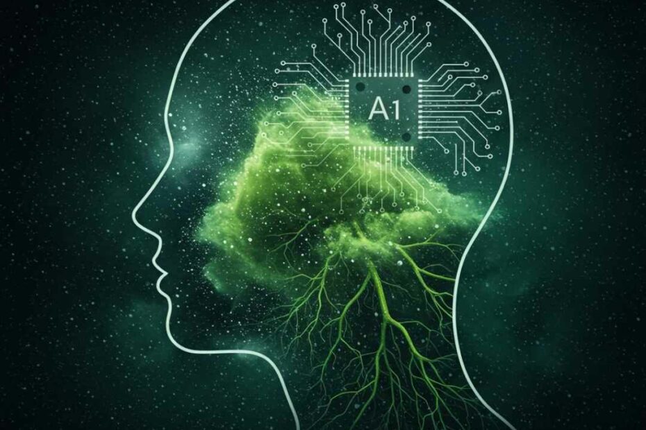 Représentation symbolique de la conscience humaine fusionnant avec la poussière cosmique et des racines végétales, traversée par des circuits d'intelligence artificielle lumineux. L'image évoque la spiritualité, la technologie et le cycle de la vie, illustrant le potentiel humain à l'ère de l'IA.