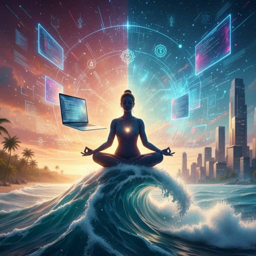 Composition onirique représentant la polyvalence de l'identité : une figure de Yogi en méditation au sommet d'une vague (surfeur), fusionnant avec des circuits d'IA (start-uper). Symbolise l'harmonie entre la nature, la technologie et la spiritualité.