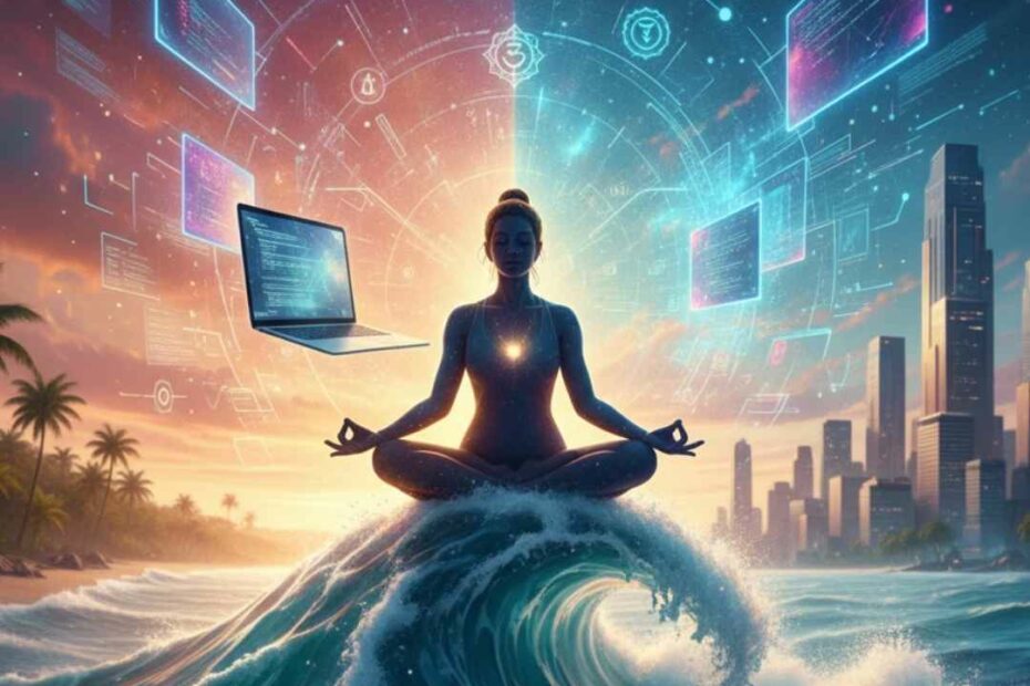 Composition onirique représentant la polyvalence de l'identité : une figure de Yogi en méditation au sommet d'une vague (surfeur), fusionnant avec des circuits d'IA (start-uper). Symbolise l'harmonie entre la nature, la technologie et la spiritualité.