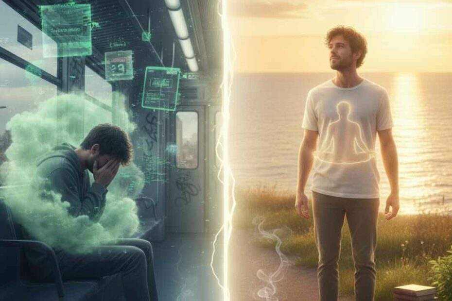 Image divisée représentant le passage de la souffrance à l'éveil : à gauche, un jeune homme accablé dans un métro sombre (passé, cannabis, confusion) ; à droite, le même homme serein, debout face à la mer au lever du soleil (nouveau chemin, méditation, clarté). Une ligne lumineuse symbolise la transformation.
