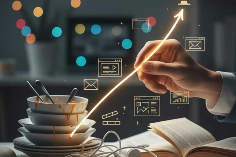 Main traçant un chemin simple et lumineux à travers un labyrinthe complexe de lignes désordonnées, illustrant l'importance d'une méthode claire pour l'efficacité et la réussite.