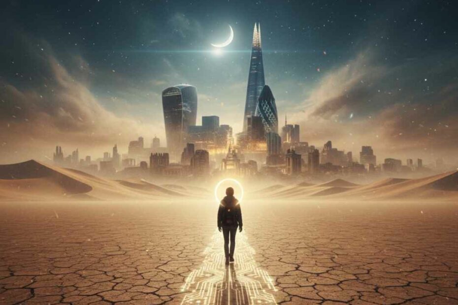 Silouette d'un homme marchant dans un désert craquelé avec un chemin de lumière menant à la ville de Londres, symbolisant la traversée du désert émotionnel et la transformation personnelle.